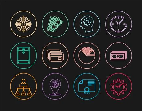 Set line Time Management, Stacks paper money cash, Human head with gear ins.. 스톡 일러스트