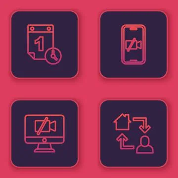 Set line Time management, Video camera Off on computer, mobile and Online 스톡 일러스트
