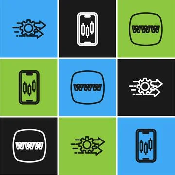 Set line Time management, Website template and Mobile stock trading icon. Vector Illustrazione stock