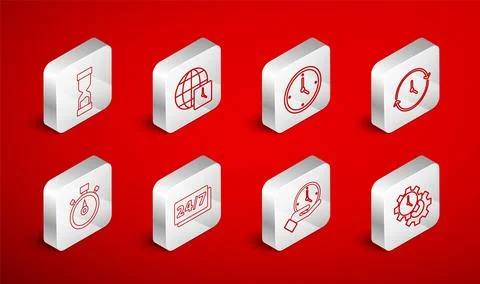 Set line Time Management, World time, Clock, Old hourglass, 24 hours and Stop Stock Illustration