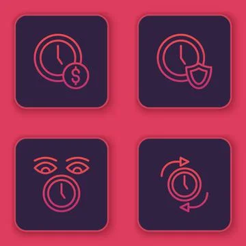 Set line Time is money, Clock, with shield and arrow. Blue square button. Vector Stock Illustration