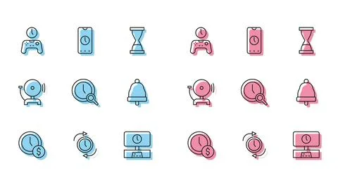Set line Time is money, Clock with arrow, Gamepad of time, Smart Tv, Magnifying Stock Illustration