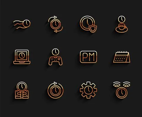 Set line Time is money, Clock with arrow, flies the clock, Management, Gamepad Illustrazione stock