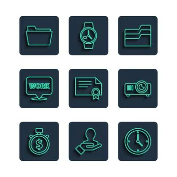 Set line Time is money, Hand for search a people, Clock, Document folder Stock Illustration