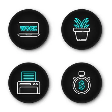 Set line Time is money, Printer, Plant pot and Laptop with text work icon. .. Stock Illustration