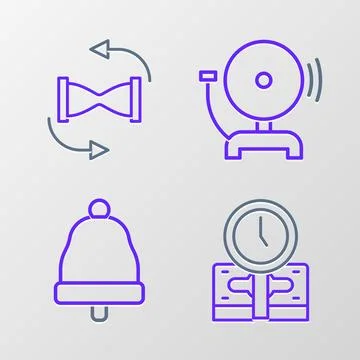 Set line Time is money Ringing bell alarm and Old hourglass with sand icon. V Stock Illustration