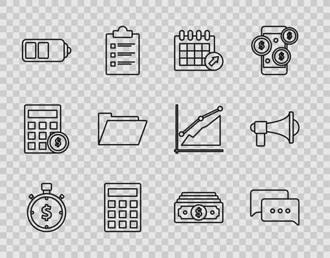 Set line Time is money, Speech bubble chat, Calendar, Calculator, Battery charge Illustrazione stock