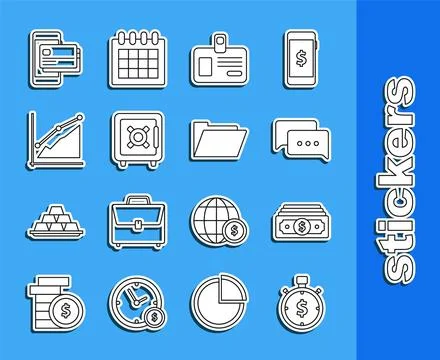 Set line Time is money, Stacks paper cash, Speech bubble chat, Identificati.. Stock Illustration