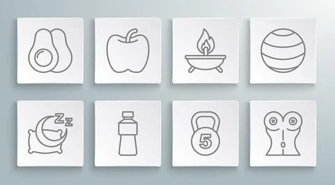 Set line Time to sleep, Apple, Bottle of water, Weight, Women waist, Aroma イラスト素材