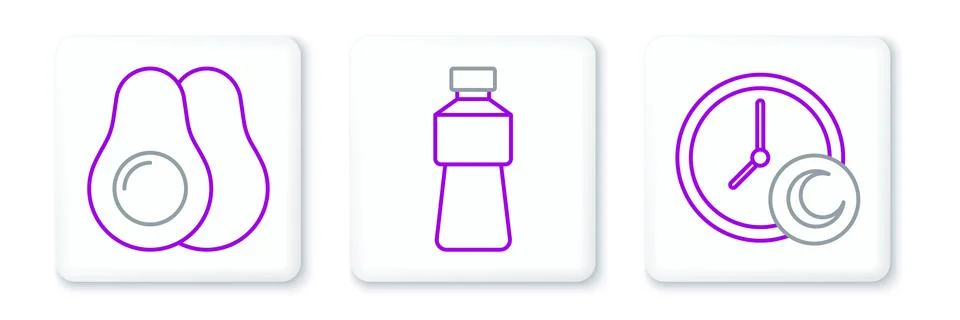 Set line Time to sleep, Avocado fruit and Bottle of water icon. Vector Stock Illustration