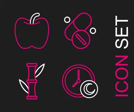 Set line Time to sleep, Bamboo, Vitamin pill and Apple icon. Vector Stock Illustration