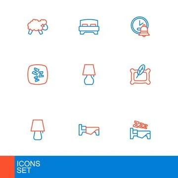 Set line Time to sleep Bed Table lamp Pillow Sleepy Alarm clock and Big bed i Stock Illustration