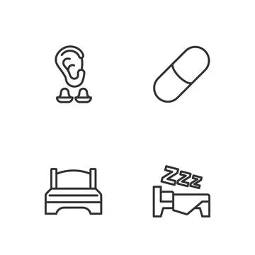 Set line Time to sleep, Big bed, Earplugs and ear and Sleeping pill icon. Vector Stock Illustration