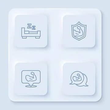 Set line Time to sleep, Bodybuilder muscle, and . White square button. Vector Stock Illustration