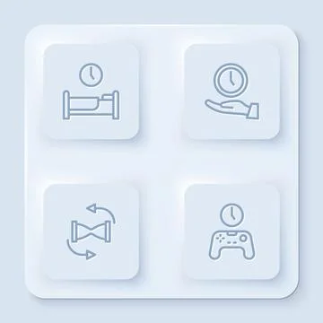 Set line Time to sleep, Clock, Old hourglass with sand and Gamepad of time 스톡 일러스트