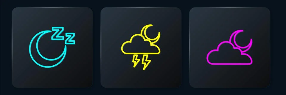 Set line Time to sleep, Cloud with moon and Storm. Black square button. Vector Stock Illustration