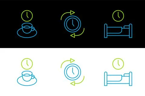 Set line Time to sleep, Coffee time and Clock with arrow icon. Vector Illustrazione stock