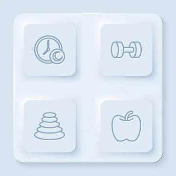Set line Time to sleep, Dumbbell, Stack hot stones and Apple. White square Illustrazione stock