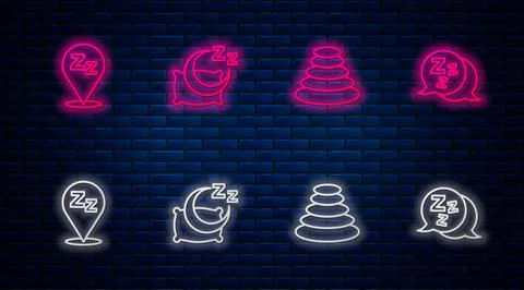 Set line Time to sleep, Stack hot stones, Sleepy and . Glowing neon icon on Stock Illustration