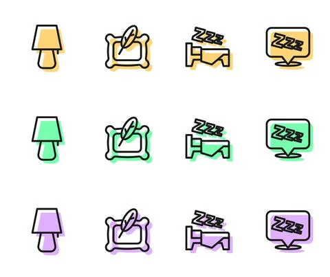 Set line Time to sleep, Table lamp, Pillow and Sleepy icon. Vector Stock Illustration
