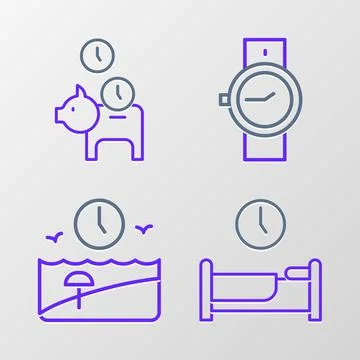 Set line Time to sleep, Vacation time, Wrist watch and Piggy bank with coin icon Ilustração Stock