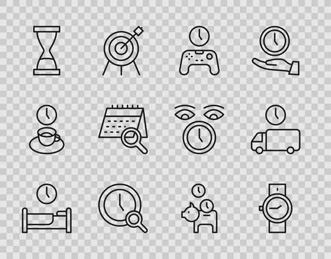 Set line Time to sleep, Wrist watch, Gamepad of time, Magnifying glass with Illustrazione stock