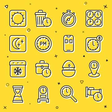 Set line Time to sleep, zone clocks, Alarm app mobile, Stopwatch, Day time, Moon Illustrazione stock