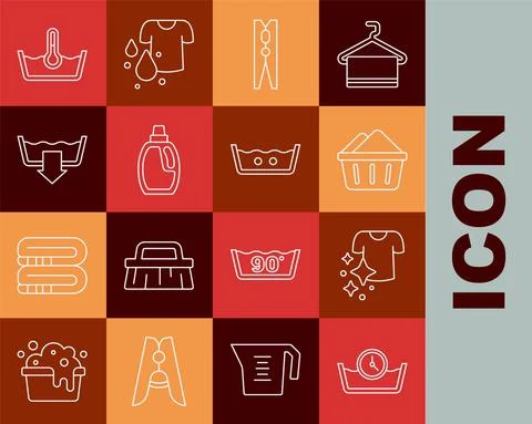 Set line Time wash, Drying clothes, Basin with soap suds, Clothes pin, Bottle Stock Illustration