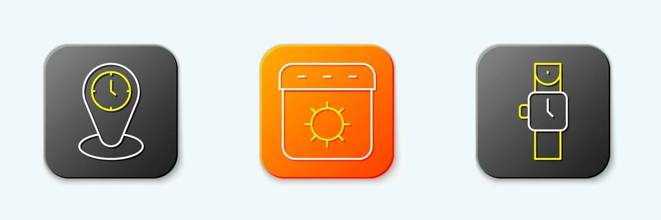 Set line Time zone clocks, Calendar summer and Wrist watch icon. Vector Illustrazione stock