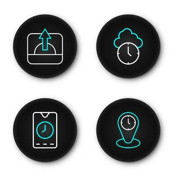 Set line Time zone clocks, Alarm app mobile, Clock and Sunrise icon. Vector Stock Illustration