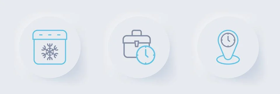 Set line Time zone clocks, Work time and Calendar winter icon. Vector Stock Illustration