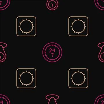 Set line Time zone clocks, Sun and Clock 24 hours on seamless pattern. Vector Stock Illustration