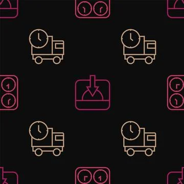 Set line Time zone clocks, Delivery truck and time and Sunset on seamless p.. Stock Illustration