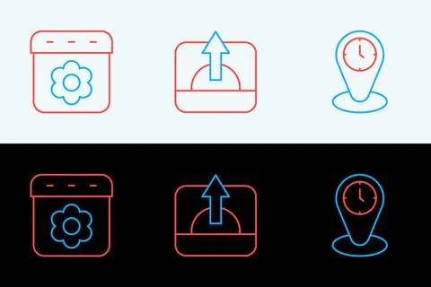 Set line Time zone clocks, Calendar spring and Sunrise icon. Vector Stock Illustration
