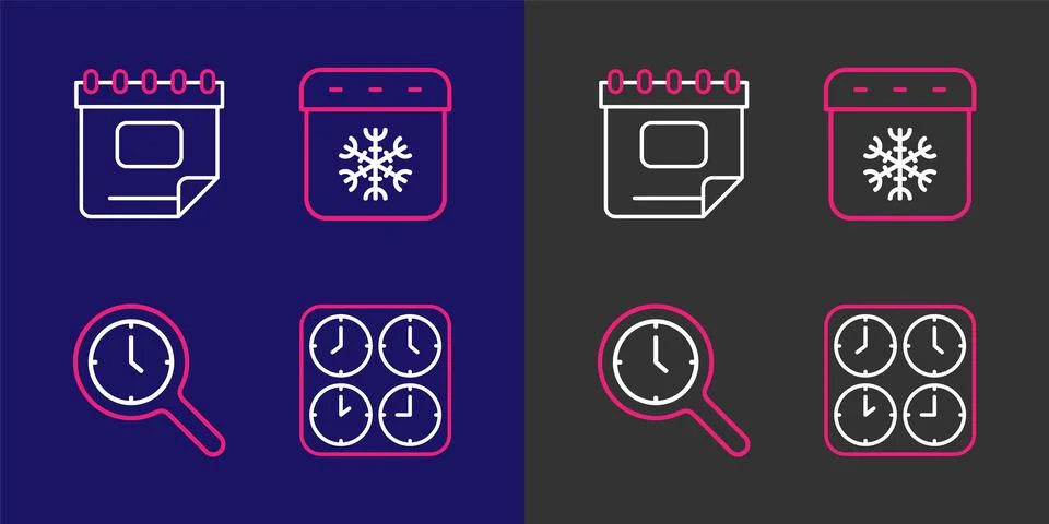 Set line Time zone clocks, Magnifying glass with, Calendar winter and  icon.. Stock Illustration