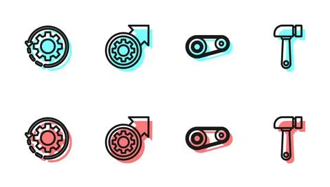 Set line Timing belt kit, Gear and arrows as workflow, process and Hammer icon Illustrazione stock