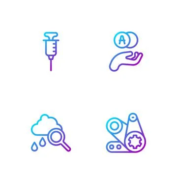 Set line Timing belt kit, Cloud with rain, Syringe and Atom. Gradient color Stock Illustration