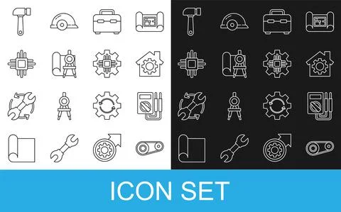 Set line Timing belt kit, Multimeter, House with gear, Toolbox, Graphing paper Ilustración de archivo