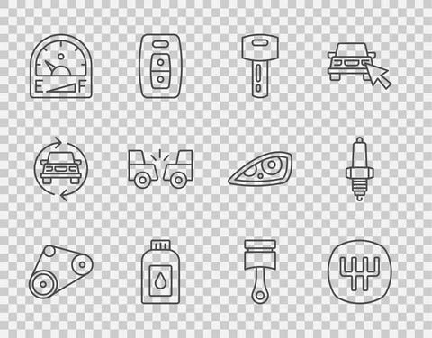 Set line Timing belt kit, Gear shifter, Car key with remote, Canister for motor Stock Illustration
