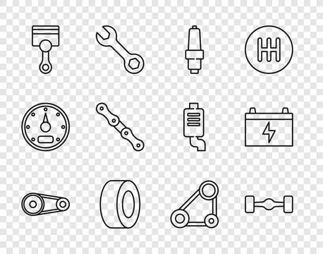 Set line Timing belt kit, Chassis car, Car spark plug, tire, Engine piston Stock Illustration
