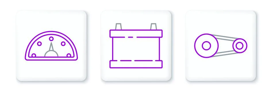 Set line Timing belt kit, Speedometer and Car battery icon. Vector Stock Illustration