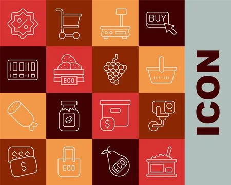 Set line Tin can with caviar, Security camera, Shopping basket, Electronic sc Stock-Illustration
