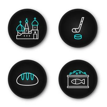 Set line Tin can with caviar, Bread loaf, Ice hockey stick and puck and Sai.. Stock Illustration