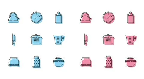 Set line Toaster, Grater, Kettle with handle, Cooking pot, Slow cooker Stock-Illustration