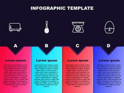 Set line Toaster, Kitchen whisk, Scales and timer. Business infographic template Stock Illustration