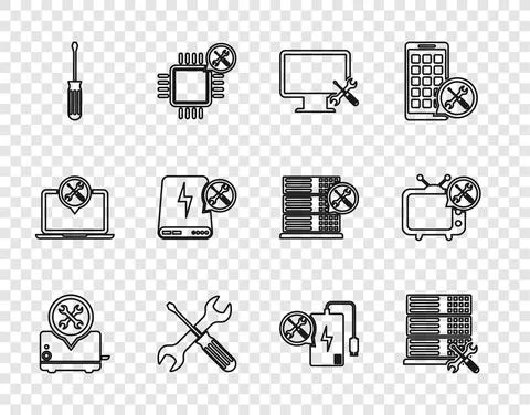 Set line Toaster service, Database server, Computer monitor, Crossed screwdriver Illustrazione stock