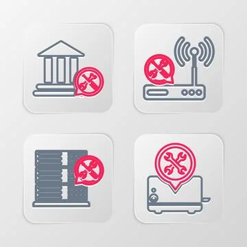 Set line Toaster service, Database server, Router wi-fi and Bank building i.. Ilustración de archivo