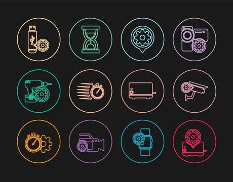 Set line Toaster setting, Security camera, Setting, Stopwatch, Drill machine Stock Illustration