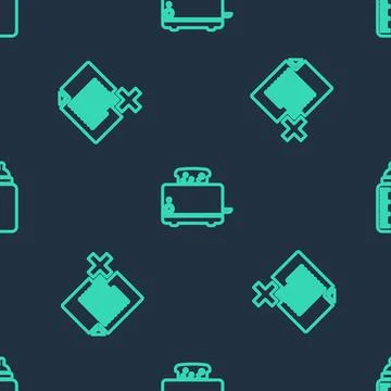 Set line Toaster with toasts, Add new file and Baby bottle on seamless pattern Stock Illustration