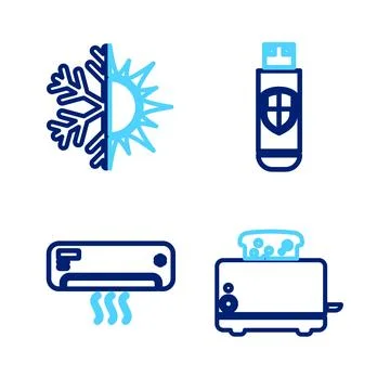 Set line Toaster with toasts, Air conditioner, USB flash drive and shield and Stock Illustration